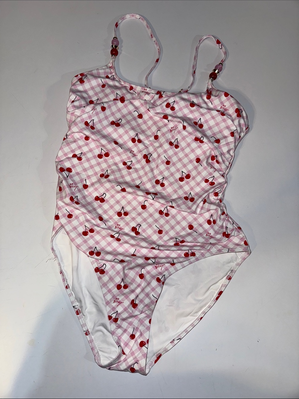 Betsey Johnson Pink and Red Cherry Print One-Piece Swimsuit size Medium